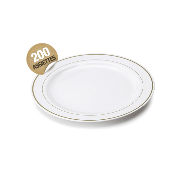 200 assiettes en plastique rigide blanc liseré argent 19 cm