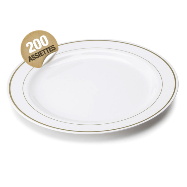 200 assiettes en plastique rigide blanc liseré or 26 cm