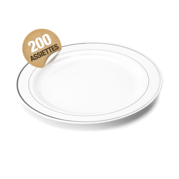 200 assiettes en plastique rigide blanc liseré argent 23 cm