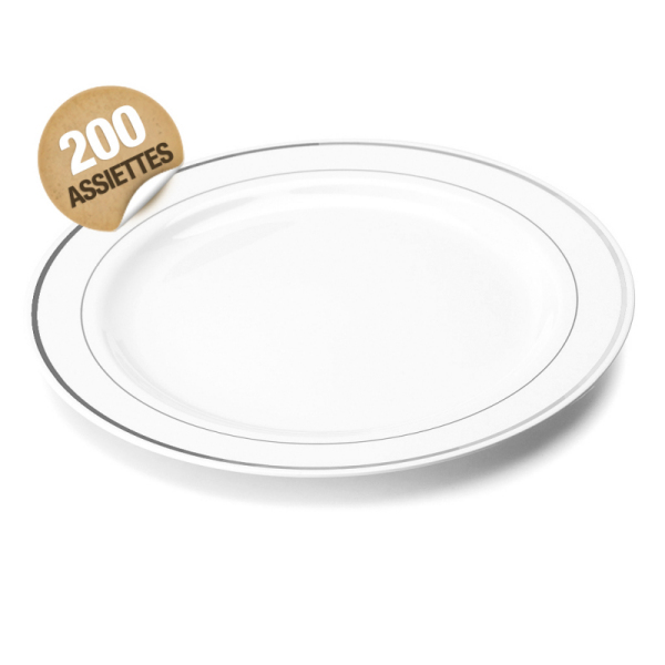 200 assiettes en plastique rigide blanc liseré argent 26 cm
